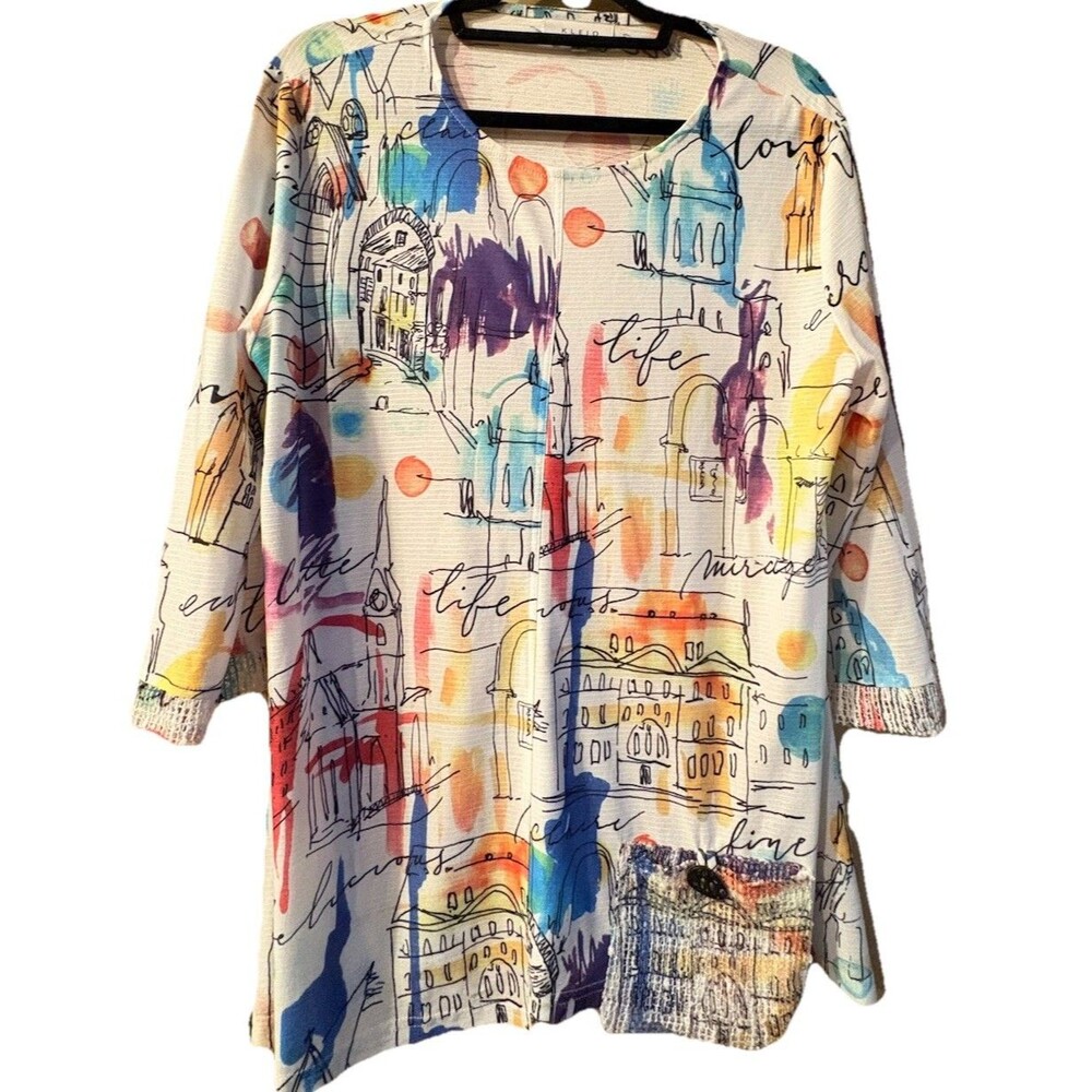 art-to-wear style knit top featuring an urban architectural watercolor sketch